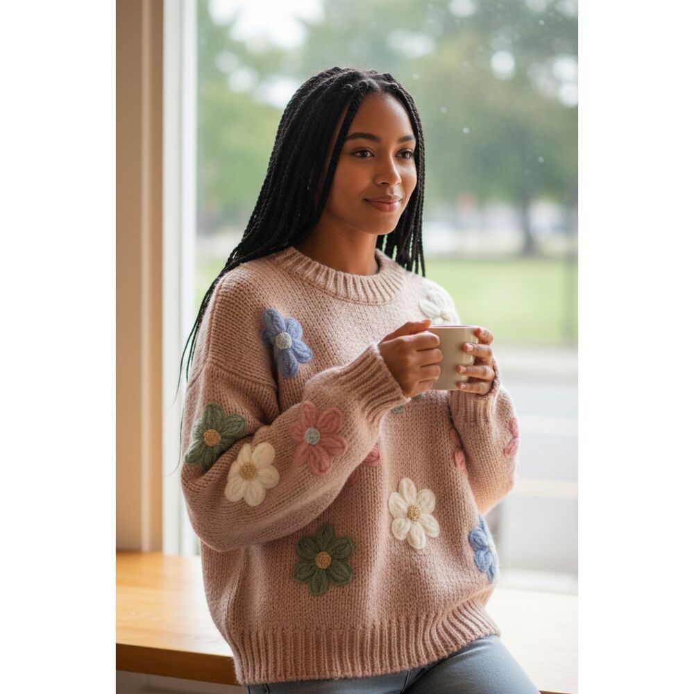 tallabee Girls XL Pink Floral 3D Applique Knit Pullover Sweater Kids Size 4 & Up